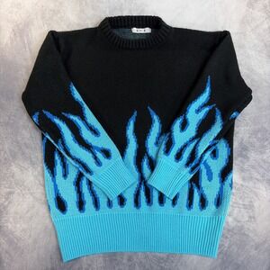 Y2K Blue Flame Knit Sweater Black Turquoise Streetwear Crewneck Pullover